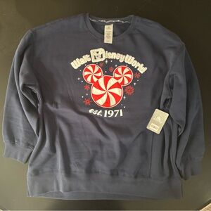 Disney Navy Sweatshirt with Red and White Peppermint Design